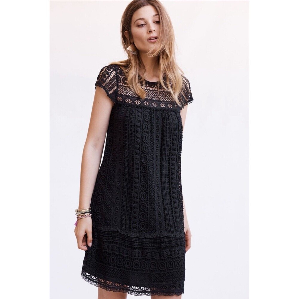 Anthropologie Maeve SMALL Crochet Tunic Dress Cap Sleeve Cotton Black Lined